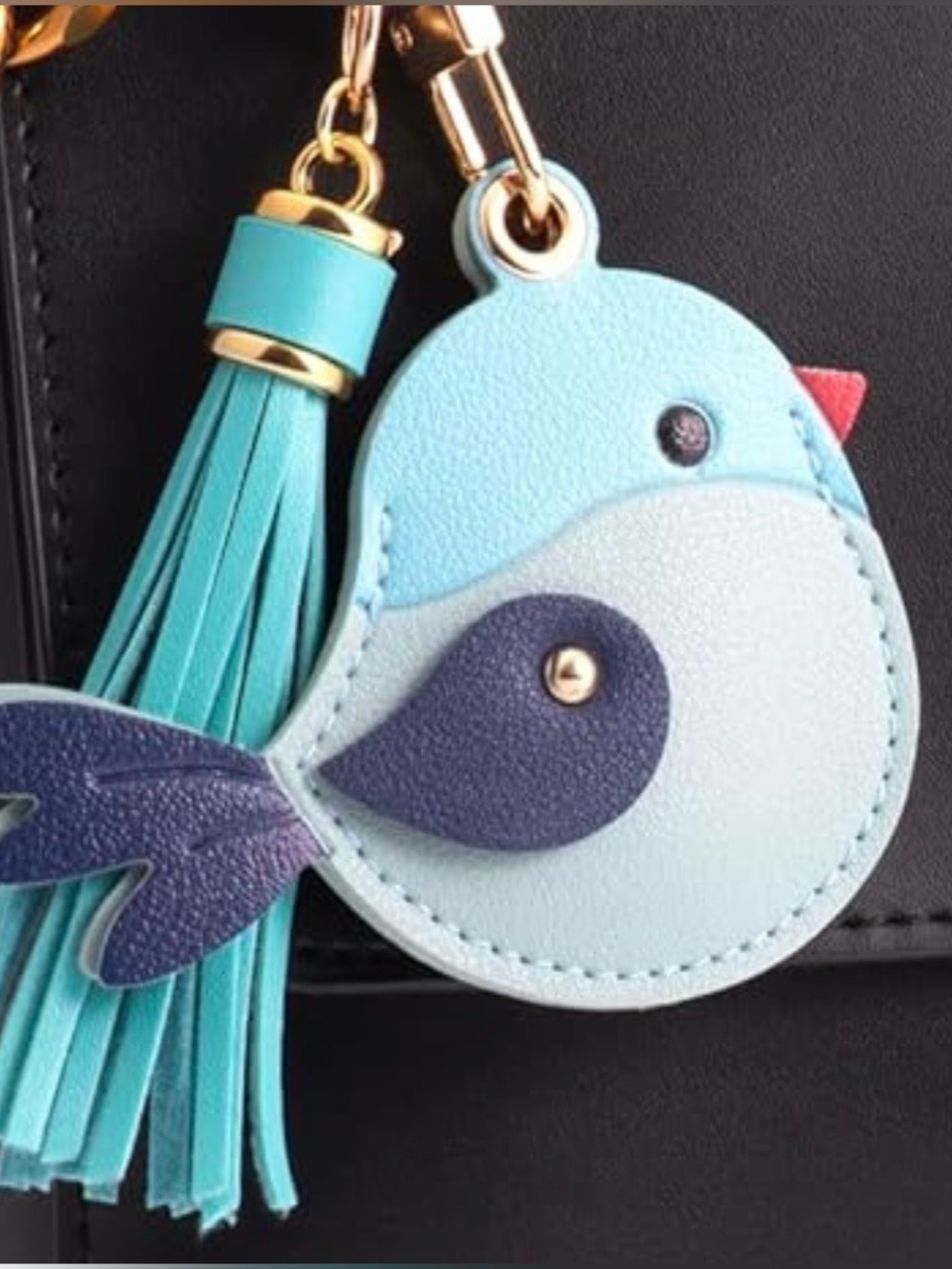 Keychain AirTag bag, charm, leather blue bird 🐦 with detachable tassel NWT - Picture 4 of 7